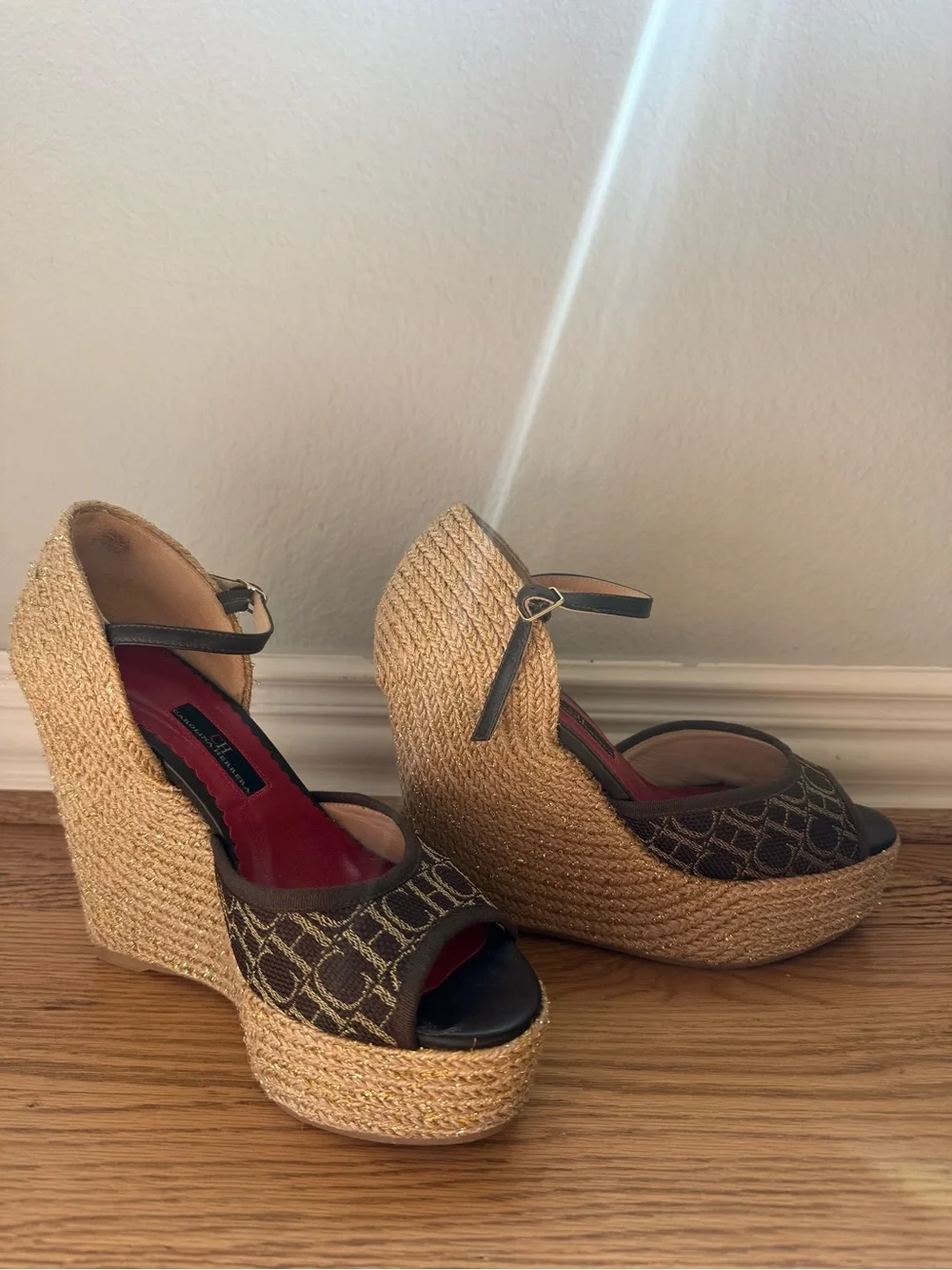 Carolina Herrera Brown Woven Espadrille Wedge Sandals with Red Insole